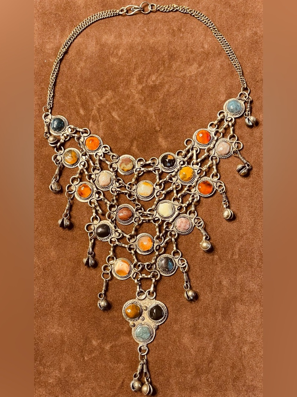 Vintage Bib Necklace Middle East / 23 Cabochons with Bell Like Charms RARE